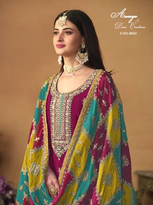 Rani pink embroidered chinon silk salwar suit with dupatta 4