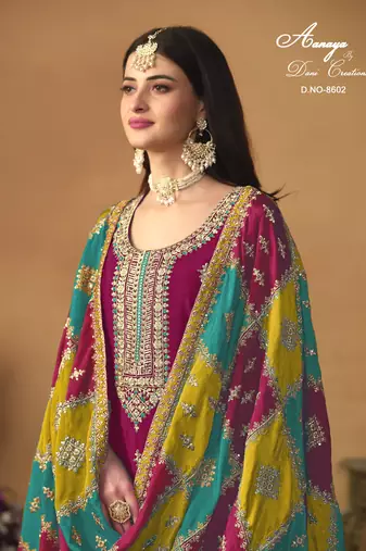 Rani pink embroidered chinon silk salwar suit with dupatta