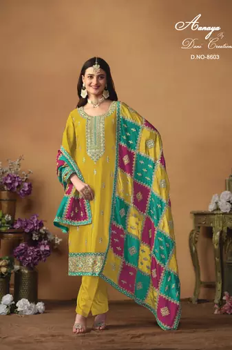 Yellow color chinon silk salwar suits with chinon silk dupatta