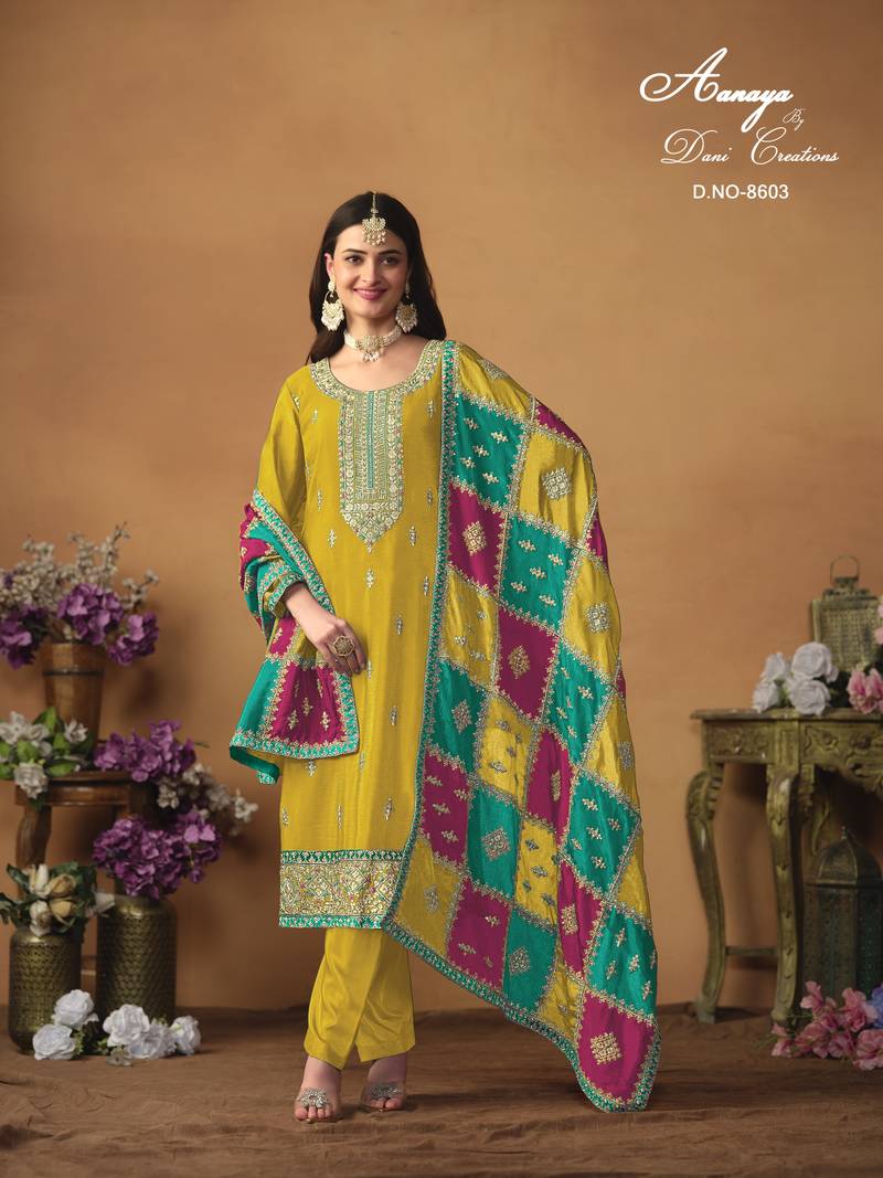 Yellow color chinon silk salwar suits with chinon silk dupatta