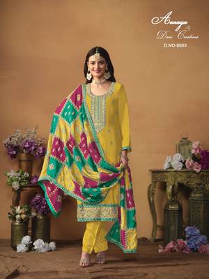 Yellow embroidered chinon silk salwar suit with dupatta 2