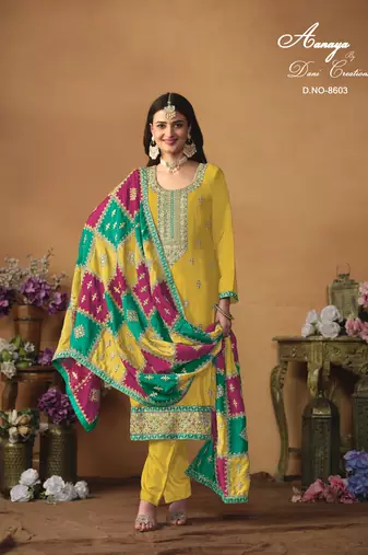 Yellow embroidered chinon silk salwar suit with dupatta