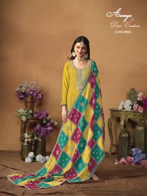 Yellow embroidered chinon silk salwar suit with dupatta 3