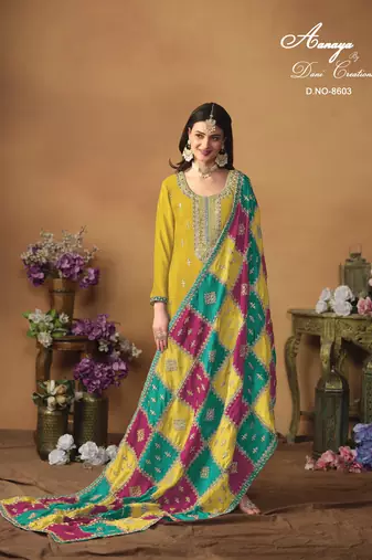 Yellow embroidered chinon silk salwar suit with dupatta