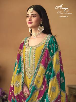Yellow embroidered chinon silk salwar suit with dupatta 4
