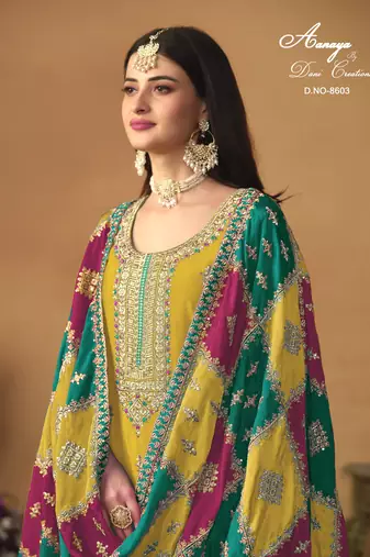 Yellow embroidered chinon silk salwar suit with dupatta