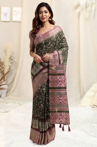 Green cotton kalamkari ethnic motifs copper zari border tassels saree with unstitched blouse piece