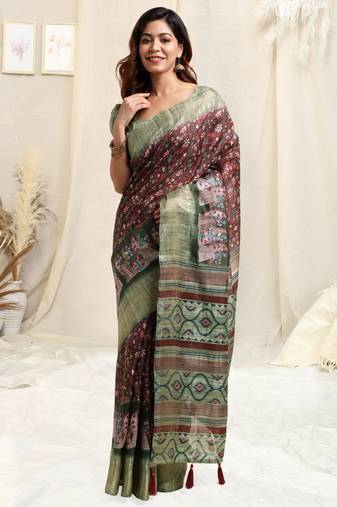 Maroon Cotton Kalamkari Ethnic Motifs Copper Zari Border Tassels Saree With Unstitched Blouse Piece