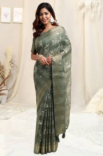 Dusty Green Cotton Floral Print Ajrakh Print Golden Zari Border Tassels Saree With Unstitched Blouse Piece