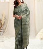 Dusty Green Cotton Floral Print Ajrakh Print Golden Zari Border Tassels Saree With Unstitched Blouse Piece
