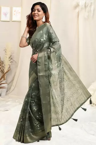 Dusty Green Cotton Floral Print Ajrakh Print Golden Zari Border Tassels Saree With Unstitched Blouse Piece