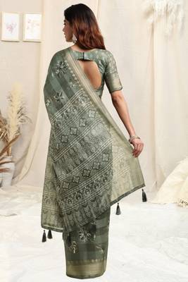 Dusty Green Cotton Floral Print Ajrakh Print Golden Zari Border Tassels Saree With Unstitched Blouse Piece 3