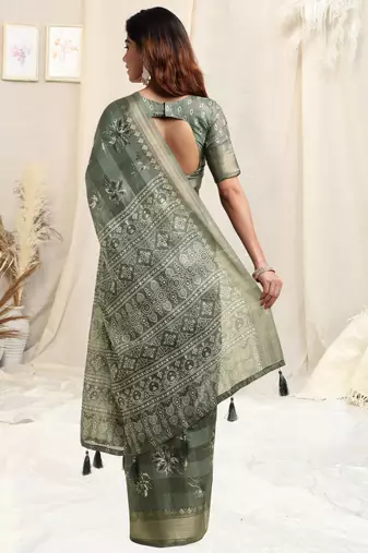 Dusty Green Cotton Floral Print Ajrakh Print Golden Zari Border Tassels Saree With Unstitched Blouse Piece