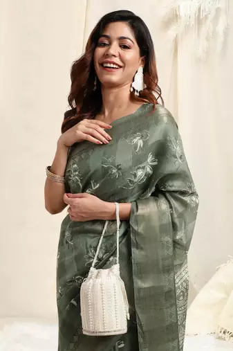 Dusty Green Cotton Floral Print Ajrakh Print Golden Zari Border Tassels Saree With Unstitched Blouse Piece