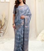 Light blue cotton floral print ajrakh print golden zari border tassels saree with unstitched blouse piece