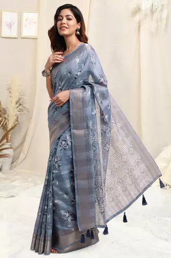 Light blue cotton floral print ajrakh print golden zari border tassels saree with unstitched blouse piece