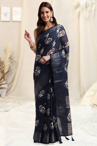 Navy blue cotton floral print woven copper zari border tassels saree with unstitched blouse piece