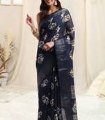 Navy blue cotton floral print woven copper zari border tassels saree with unstitched blouse piece