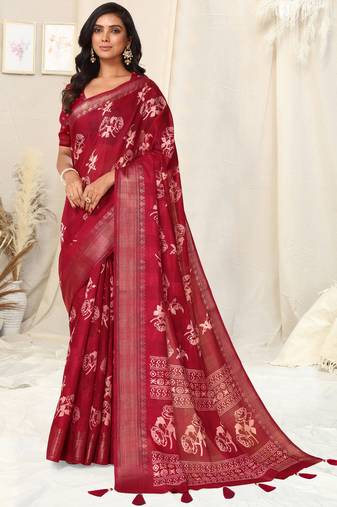 Maroon cotton floral print woven copper zari border tassels saree with unstitched blouse piece