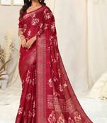 Maroon cotton floral print woven copper zari border tassels saree with unstitched blouse piece