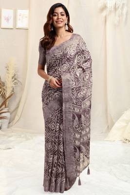 Light wine cotton shibori print paisley woven copper zari border tassels saree with unstitched blouse piece 1