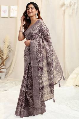 Light wine cotton shibori print paisley woven copper zari border tassels saree with unstitched blouse piece 2