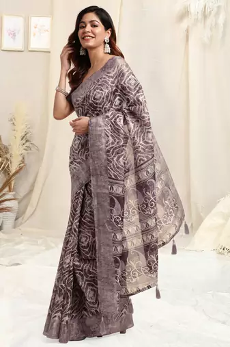 Light wine cotton shibori print paisley woven copper zari border tassels saree with unstitched blouse piece