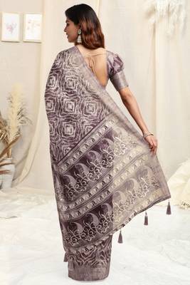 Light wine cotton shibori print paisley woven copper zari border tassels saree with unstitched blouse piece 3