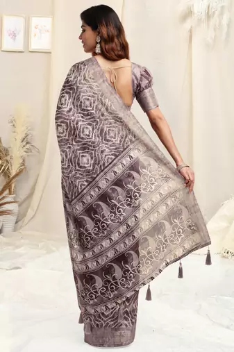 Light wine cotton shibori print paisley woven copper zari border tassels saree with unstitched blouse piece