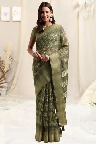 Olive Green Cotton Blend Block Print Geometric Print Woven Copper Zari Border Tassels Saree With Unstitched Blouse Piece