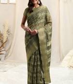Olive Green Cotton Blend Block Print Geometric Print Woven Copper Zari Border Tassels Saree With Unstitched Blouse Piece