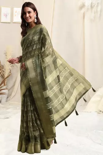 Olive Green Cotton Blend Block Print Geometric Print Woven Copper Zari Border Tassels Saree With Unstitched Blouse Piece