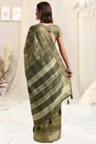 Olive Green Cotton Blend Block Print Geometric Print Woven Copper Zari Border Tassels Saree With Unstitched Blouse Piece