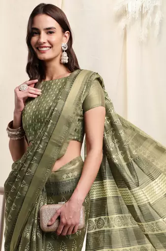 Olive Green Cotton Blend Block Print Geometric Print Woven Copper Zari Border Tassels Saree With Unstitched Blouse Piece