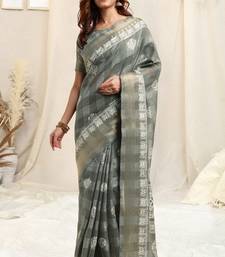 Grey Block Printed Ruffled Chambray Saree With Blouse
