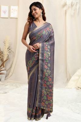 Dusty purple cotton blend floral print golden zari border tassels saree with unstitched blouse piece 1