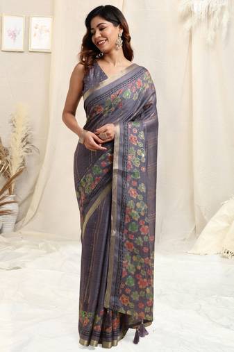Dusty purple cotton blend floral print golden zari border tassels saree with unstitched blouse piece