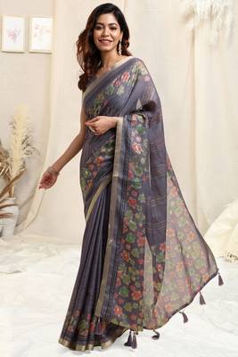 Dusty purple cotton blend floral print golden zari border tassels saree with unstitched blouse piece 2