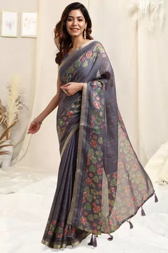 Dusty purple cotton blend floral print golden zari border tassels saree with unstitched blouse piece