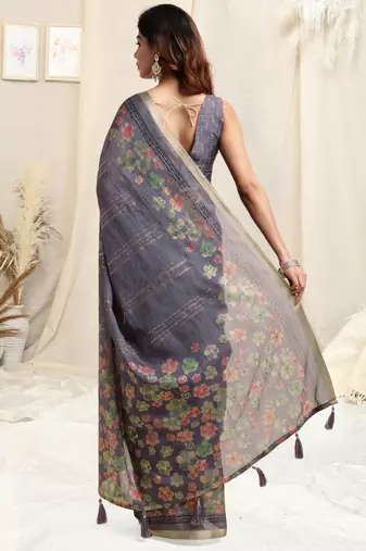 Dusty purple cotton blend floral print golden zari border tassels saree with unstitched blouse piece