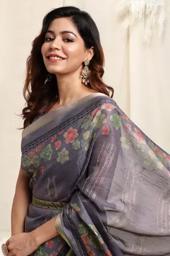 Dusty purple cotton blend floral print golden zari border tassels saree with unstitched blouse piece