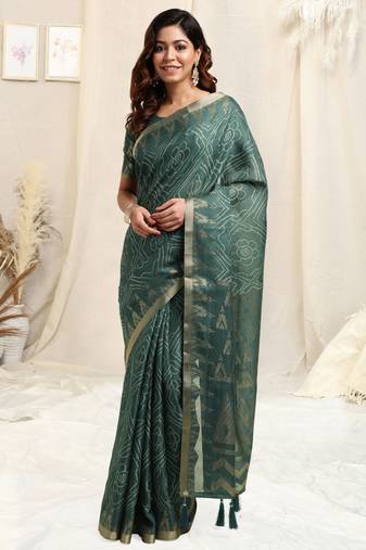 Dark Dusty Teal Cotton Blend Foil Bandhni Print Copper Zari Border Tassels Saree With Unstitched Blouse Piece