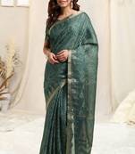 Dark Dusty Teal Cotton Blend Foil Bandhni Print Copper Zari Border Tassels Saree With Unstitched Blouse Piece