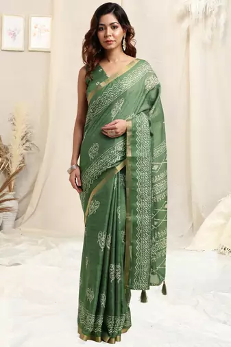 Dusty Green Cotton Blend Block Print Geometric Print Copper Zari Border Tassels Saree With Unstitched Blouse Piece