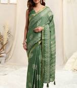 Dusty Green Cotton Blend Block Print Geometric Print Copper Zari Border Tassels Saree With Unstitched Blouse Piece