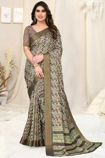 Brown Silk Jacquard Paisley Copper Zari Border Saree With Unstitched Blouse Piece