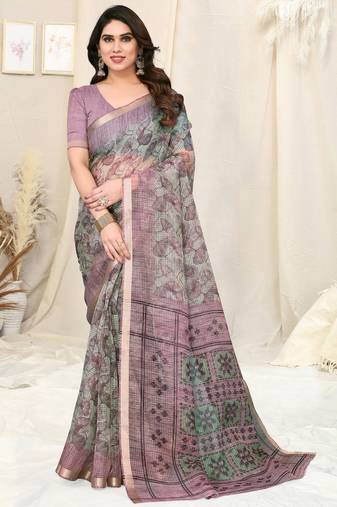 Light Green Cotton Blend Checked Woven Leaf Print Golden Zari Border Saree With Unstitched Blouse Piece