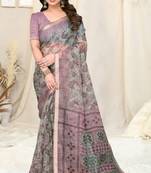 Light Green Cotton Blend Checked Woven Leaf Print Golden Zari Border Saree With Unstitched Blouse Piece