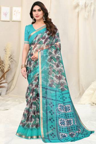 White Cotton Blend Checked Woven Leaf Print Golden Zari Border Saree With Unstitched Blouse Piece