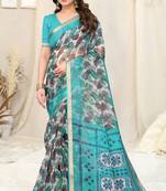 White Cotton Blend Checked Woven Leaf Print Golden Zari Border Saree With Unstitched Blouse Piece